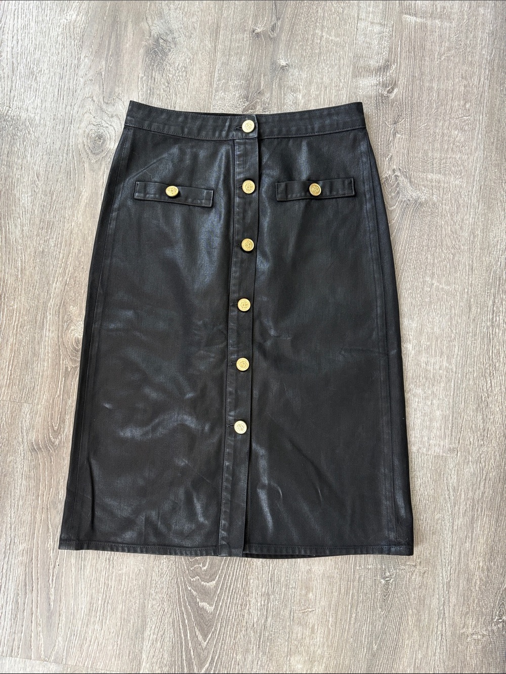 L'AGENCE Black Faux Leather Button-Front Pencil Skirt with Gold Buttons